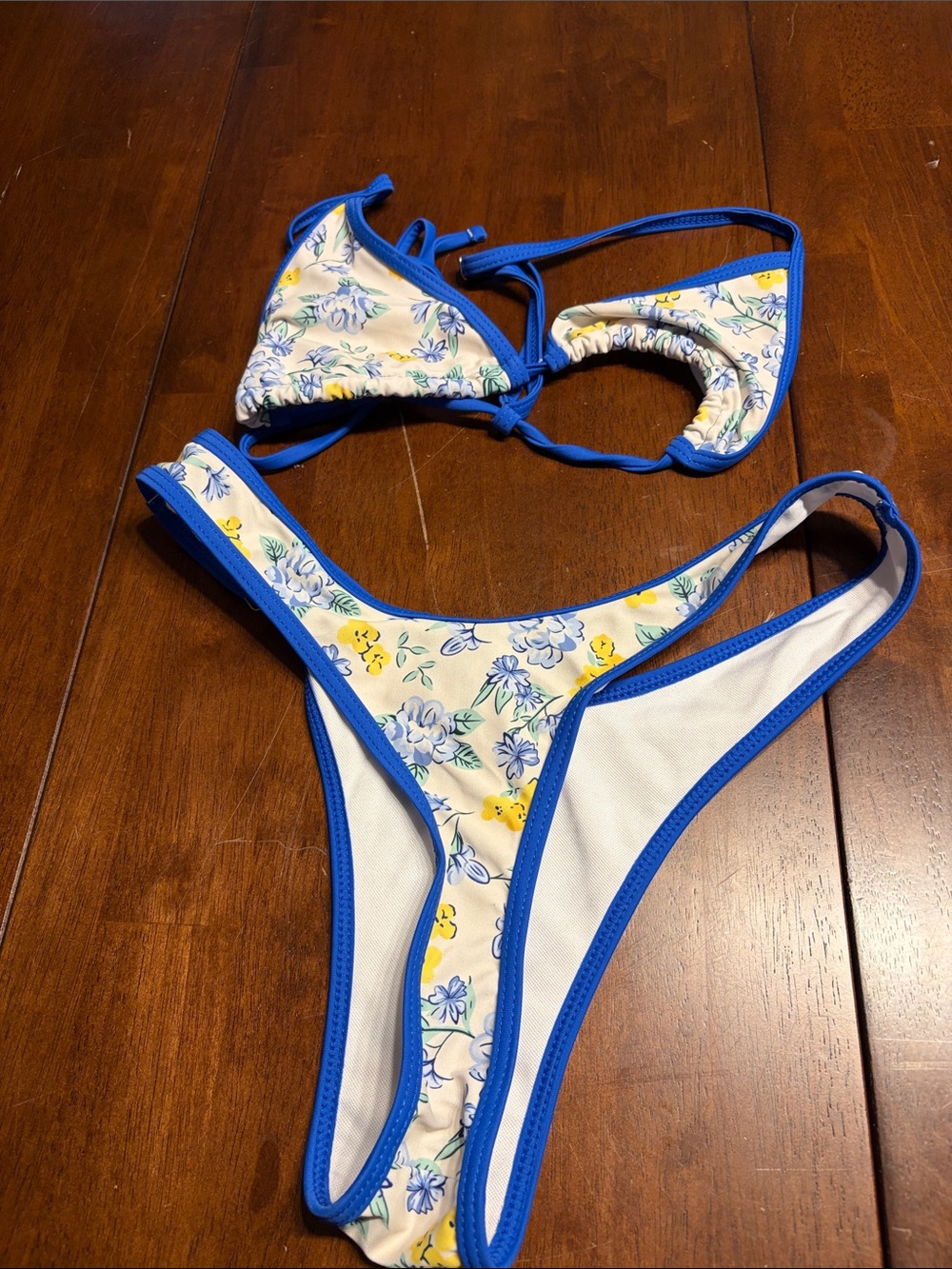 Blue-Trim Floral Kids Swim Bikini